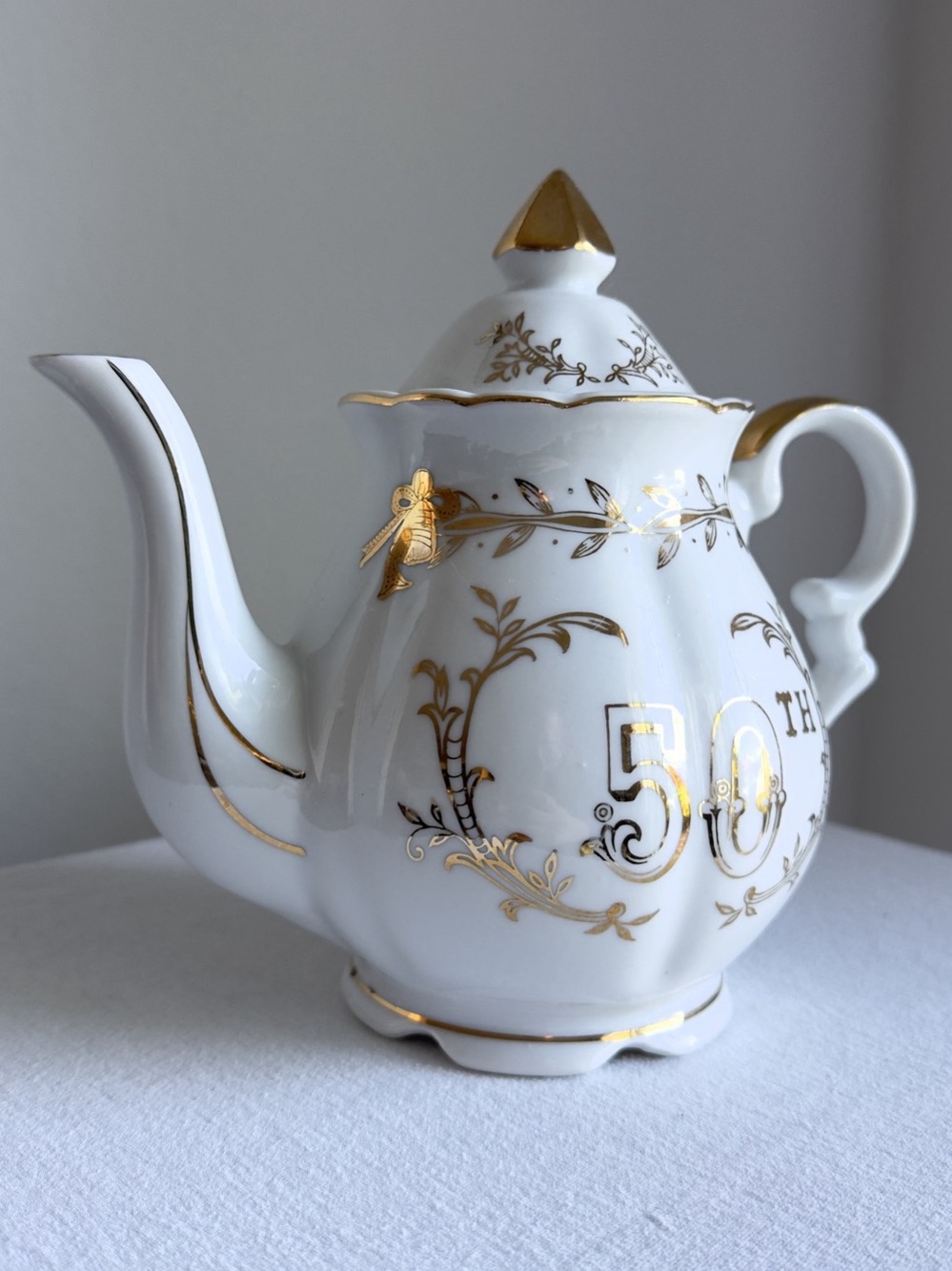 Vintage Lefton China 50th Anniversary Teapot & Lid White Gold